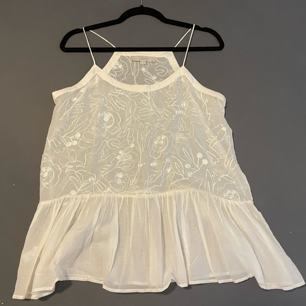 LOFT Ann Taylor Sheer Embroidered White Tank Top Peplum Waist Medium